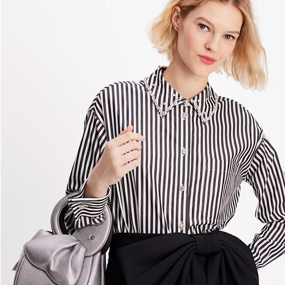 kate spade Tops - kate spade Acrobat Stripe Black and White Embellished Womens Shirt Size L